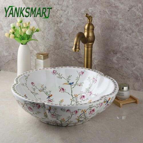 YANKSMART Ceramic Basin Faucet Set Bathroom Antique Brass Faucets Washbasin Tap Sink Sets Single Handle Cold & Hot Mixer Taps