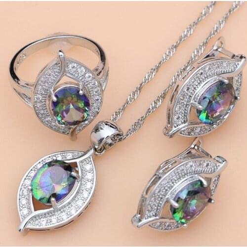 Natural Mystic Rainbow Cubic Zirconia 925 Silver Jewelry Sets For Women Wedding Earrings/Pendant/Rings/Necklace Set
