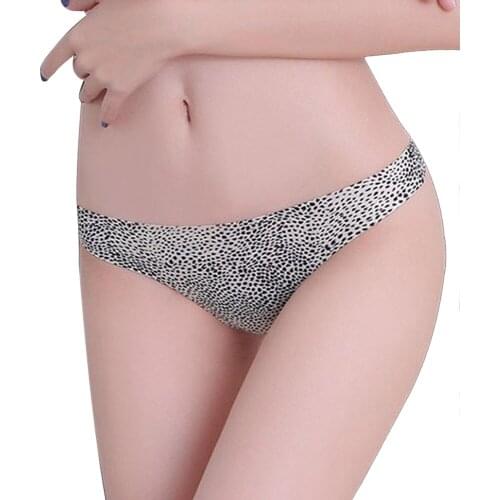 New European American Womens Leopard Underwear Sexy Transparent Ice Silk Low Waist One Piece Seamless Ladies Briefs Thongs