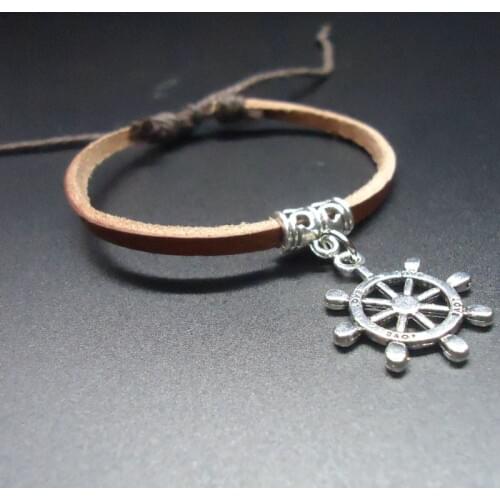 2015 New Arrival Friendship Vintage Rudder Charm Genuine Leather Bracelet for Women Femme Homme Men Jewelry Christmas Gift