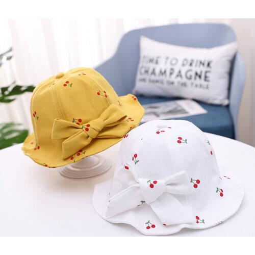 Cute Bows Kids Hat Spring Summer Girl Bucket Cap Outdoor Fruit Print Bow Wide Brim Panama Hats Princess Beach Fisherman Sun Hat
