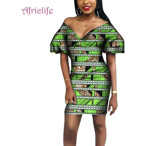 Deep V Sexy Lady Clothing One Pcs African Wax Print Cotton African Dashiki Women Dress Plus Size African Prints Dresses WY7474
