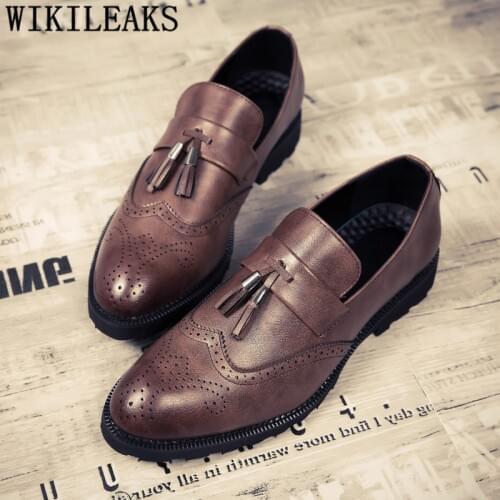 Slip Dress Brogue Shoes Men Classic Loafers Men Luxury Shoes Italian Brown Dress Leather Shoes Men Zapatos Para Hombre Formal