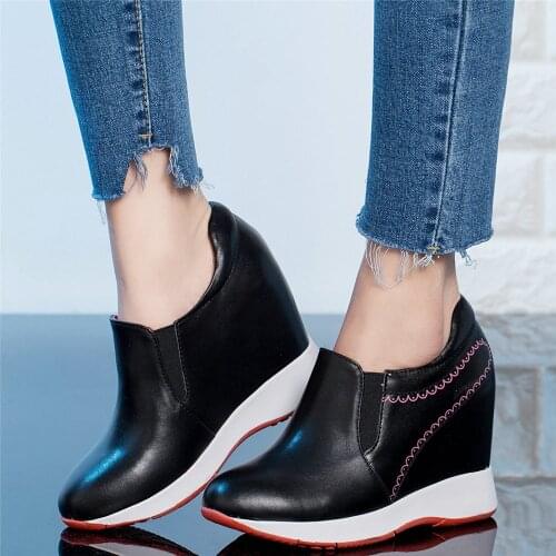 Platform Oxfords Shoes Women Genuine Leather Wedges High Heel Motorcycle Boots Female Round Toe Fashion Sneakers Casual Shoes