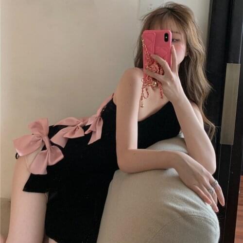 2021 Summer Sexy Bow Tie Mini Dresses for Women Casual One-shoulder Slim A-line Velvet Korean Fashion Sweet Carnival Short Dress