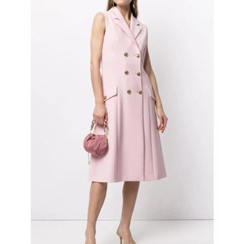Summer Waistcoat Dresses For Women New Suit Collar Sleeveless Drape Double Breasted Suits Dress OL Pink Slim Knee Length Dress
