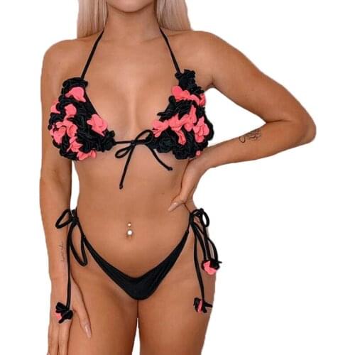 Women Summer Two Piece Swimsuits Sexy Flower Bra Brazilian Bikini Sets High Leg Triangle Suits Bathing Suits Swimwear For Women