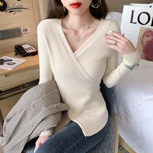 Autumn Cross V-neck Slim Temperament Woman Sweater Long-sleeved Pure Elegant Top Woman Knitted Casual Bottoming Sweater 16265