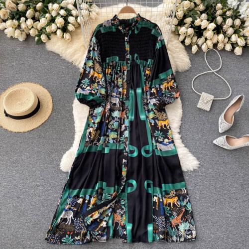 SINGREINY Women Retro Print Long Dress Puff Sleeve O Neck Single Breasted A-line Dresses 2021 Autumn Casual Loose Vacation Dress