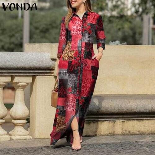Women Pleated Shirt Dress Floral Printed Party Long Maxi Dress 2021 VONDA Casual Lapel Collar Button Up Vestido S- Long Robe