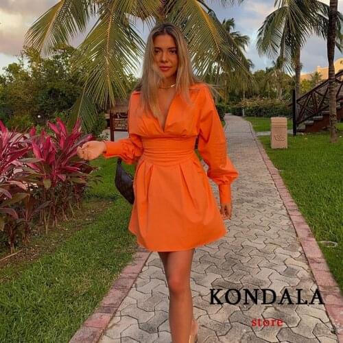 KONDALA Za Chic Orange Corset Shirt Party Dress Women Deep V Neck Sexy Back Hollow Out Sheath Mini Dress Stylish 2021 Vestidos