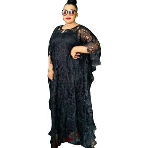 New Style African Womens Dashiki Water-Soluble Guipure Cord Lace Fabric Loose Long Dress + Inwardly Black White Free Size