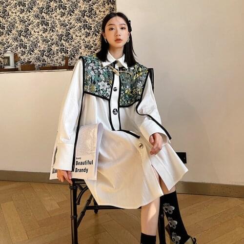 2021 Women Jacquard shawl white shirt dress two-piece female spring Autumn long-sleeved buttoned dress Y621