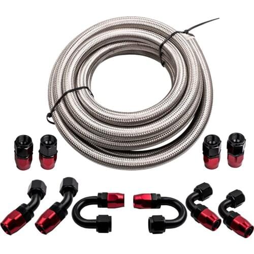 16FT 10AN AN10 Stainless Steel Nylon Braided Gas Oil Fuel Line Hose Straight 45 90 180 Degree Hose Ends End Fitting Kit Set