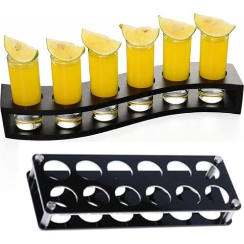 Acrylic/Wooden Shot Glass Holder Display Rack Bar Wine Drinks Cup Storage Carrier Flight Tasting Serving Tray Single Row 6 Holes