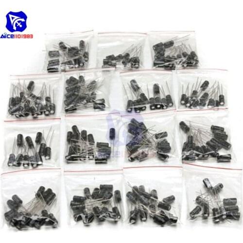 200PCS 15 Value Aluminum Electrolytic Capacitor 10V 16V 25V 50V 0.1μF 0.22μF 1μF 3.3μF 10μF 47μF 100μF 220μF Low ESR Capacitor