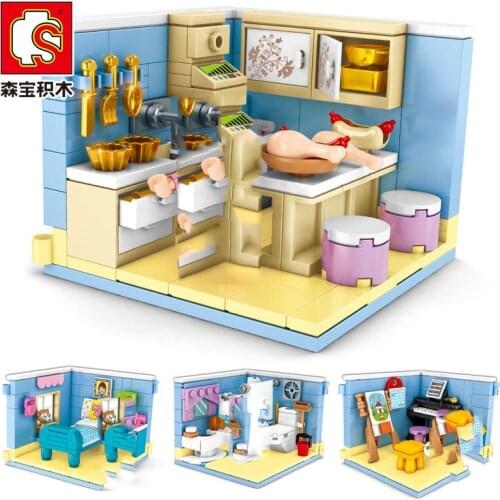 Sembo blocks Set 4 IN 1 Bedroom Kitchen Room Friends Model MOC Accessories Furniture Kids DiyToys For Children Creative Gifts