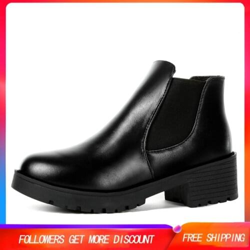 Ankle Boots Women Fashion Soft Leather Rubber Sole Mid Heel Round Toe Slip On Martin Boots Casual Chelsea Boots Zapatos Mujer