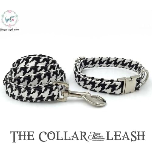 Dog Collar and Perro Leash Set with Bow Tie Cotton Dog &Cat Necklace and Dog Lead Pet Products Fashion Houndstooth
