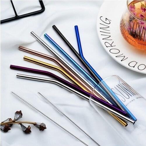Reusable Color Metal Straw Set with Cleaning Brush 304 Stainless Steel Straw with Cleaning Brush Set Party Bar Accessories