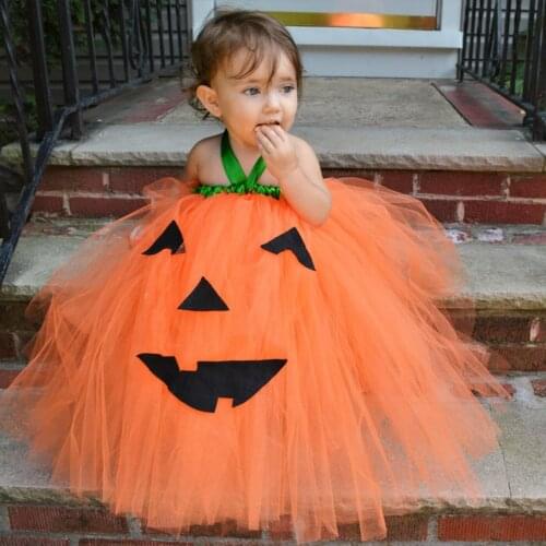 Fashion Toddler Infant Baby Kids Girls Sleeveless Halter Halloween Pumpkin Ghost Printed Stage Costume Dance Tulle Tutu Dress#p4