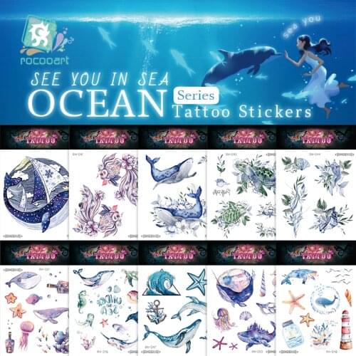 Cartoon Ocean Series Watercolor Temporary Tattoos Sticker For Kids Ocean Starfish Blue Whale Cool Tatto Body Art Arm Fake Tatoo