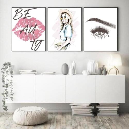 Nordic Style Wall Art Canvas Painting Poster Delicate Red Lip Girl Letters Eyebrows Modular Picture For Bedroom Home Decor Print