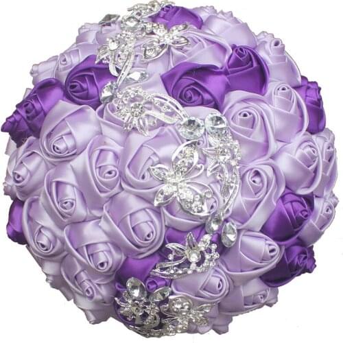 New Pure Purple Bride Bridesmaid Brooch Bouquet Diy Pearl Rhinestone Satin Rose Bouquet Wedding Party Supplies ZS015