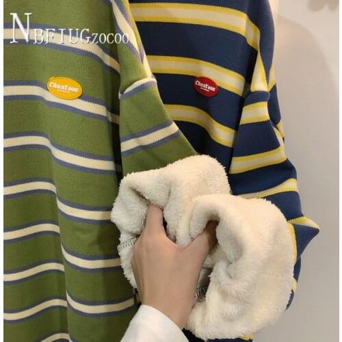 Autumn Winter Hong Kong Style Stripe Women Sweatshirts Lining With Fluff Female Sweatshirt