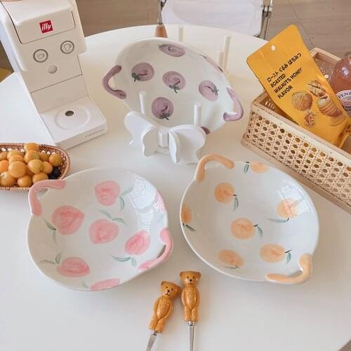 Peach double-eared ceramic bowl ins wind fruit shallow plate salad bowl one person to eat rice bowl