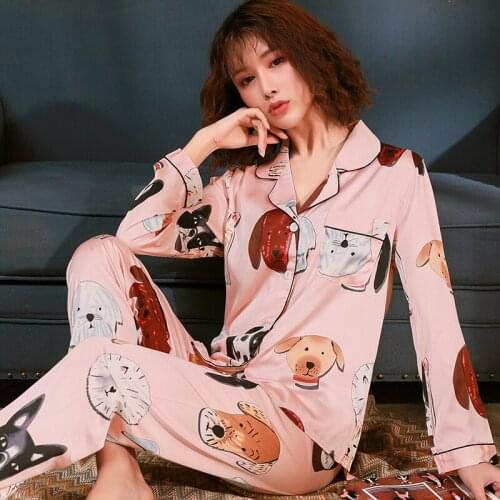 Autumn Winter Women Pajama Set Satin Silk Turn-down Collar Pajamas Animal Sleepwear Long Sleeve Pants 2pcs Home Suit Nightwear