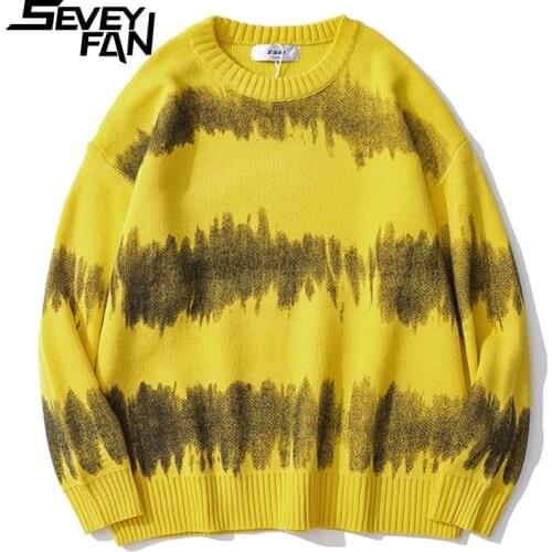 SEVEYFAN Ripple Tie Dye Knitted Sweater Mens Fashion Loose O Neck Pullover Knitwear Hip Hop Sweaters for Couples