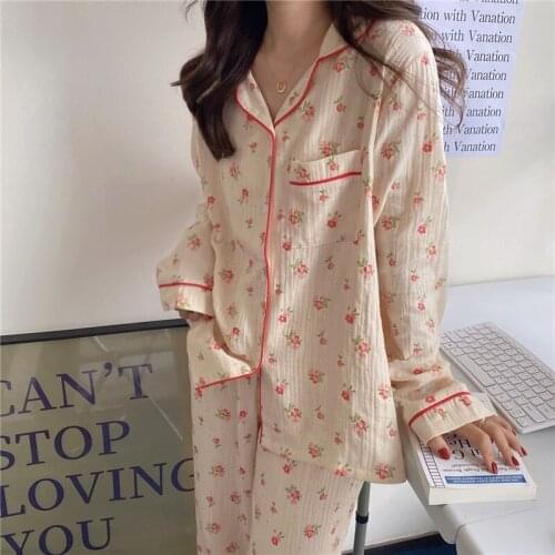 Korean 100% cotton loose floral print homewear sleepwear pajama set women long sleeve lapel blouse pants trouser pyjamas L308