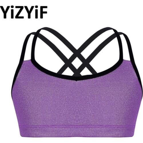 YiZYiF Girls Gymnastics Crop Top Leotards Glittery Metallic Double Shoulder Straps Crop Top for Ballet Dance Stage Performance
