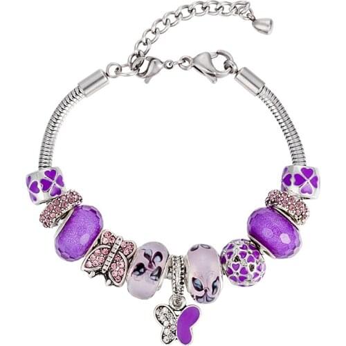 VIOVIA Custom made Fashion Jewelry Butterfly Charm Bracelet Purple Glass Charm Adjustable Chain Bracelets For Women Gift B16086
