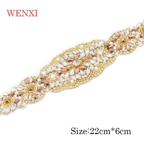WENXI 5pcs Handmade Bride Rhinestones Appliques Banding Iron On Wedding Dress Belt Rose Gold Crystal Accessory WX939