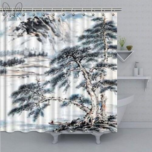 Aplysia Polyester Fabric Japanese Chines Style Shower Curtain Set Mountain Sunset Beauty Art Bath Chinese Shower Curtain