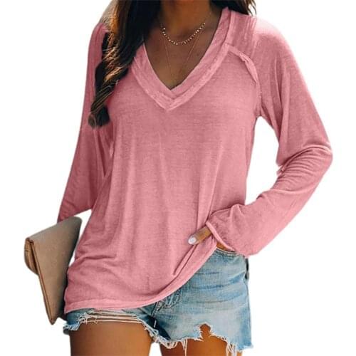 Plus Size Blouse Casual Loose Fit Women Solid Color Long Sleeve V Neck Pullover Shirt Blouses Top Spring Autumn 2021