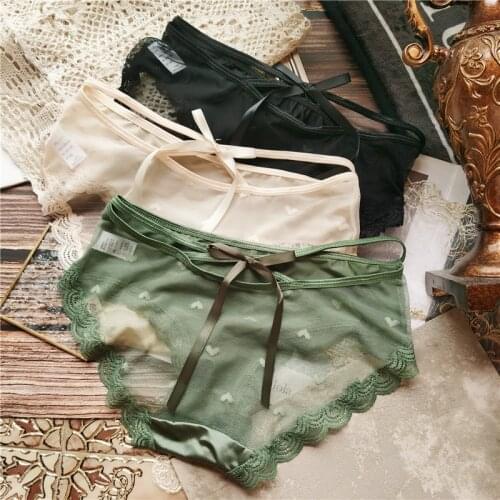 Women Sexy Lace Panties For Women Low-waist Mesh Transparent Underwear Bow Love Heart Pattern Underpants Hollow Out Briefs Tanga