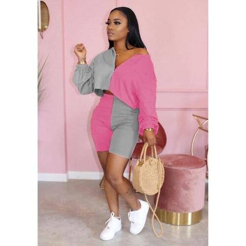 Fashion Two Piece Set Jogging Femme Color Patchwork Off Shoulder Crop Top + Pants Short Set Sportwear Tracksuit Women Outfits