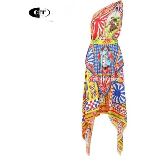 Designer Runway Vintage Printed Midi Long Dress Fashion Traf One Off Shouder Sexy Party Night Evening Women Dresses Femme Robes