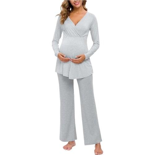 Female Maternity Nightwear Pregnancy Nursing T-shirt Tops & Long Trousers Pajamas Set Breastfeeding Homewear For Pregnant Ladies