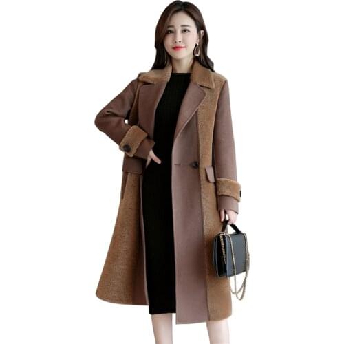 2019 autumn winter woolen coat women fashion lambswool splice jacket female Slim Double-breasted long Wool coat Plus size A2921