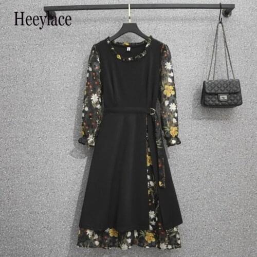 Plus size office ladies Spring long sleeve o neck dresses women floral print chiffon patchwork irregular korean dresses female