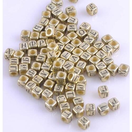 400PCs Mixed Gold Acrylic Russian Alphabet Letter Flat Cube Beads For Jewelry Making 6x6mm 2017 New YKL0513