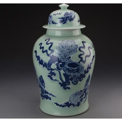 Antique Bean Green Glaze Blue And White Ginger jar Flowers Jingdezhen Crafts lion pattern ceramic temple jar vase