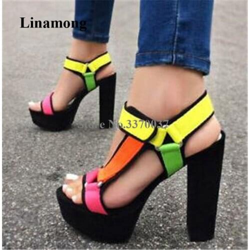 Newest Women Fashion Open Toe Neon Orange Patchwork Chunky Heel Sandals Buckles Multi-colors High Platform Sandals Dress Heels