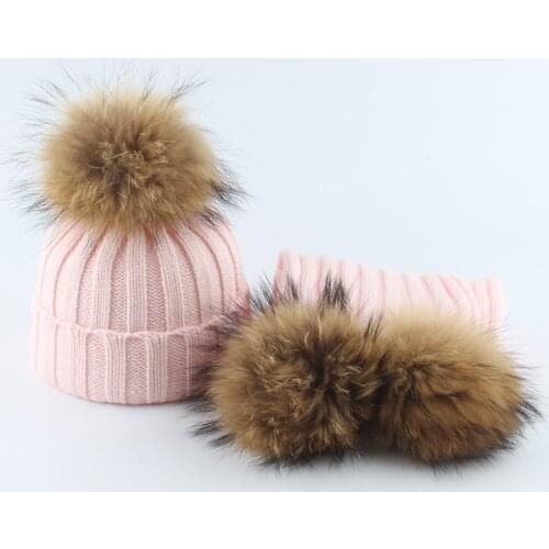 Children Real Fur Pompom Knitted Beanie Hat and Scarf Set Suit Baby Boys Girls Hats Winter Warm 2020
