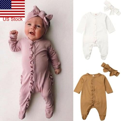 Newborn Infant Baby Girl Cotton Long Sleeve Romper Kids Boy Ruffle Jumpsuit Bodysuit Bow Headband Clothes Outfit Autumn 3-6M