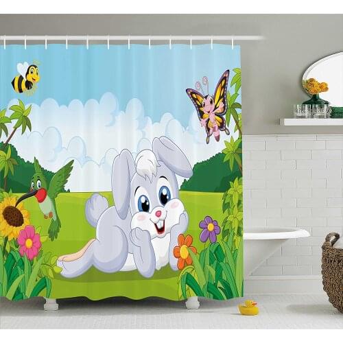 Kids Shower Curtain Rabbit on The Grass with Bee and Butterfly Birds Flowers Children Cartoon Fun Home Decor Bath Curtains